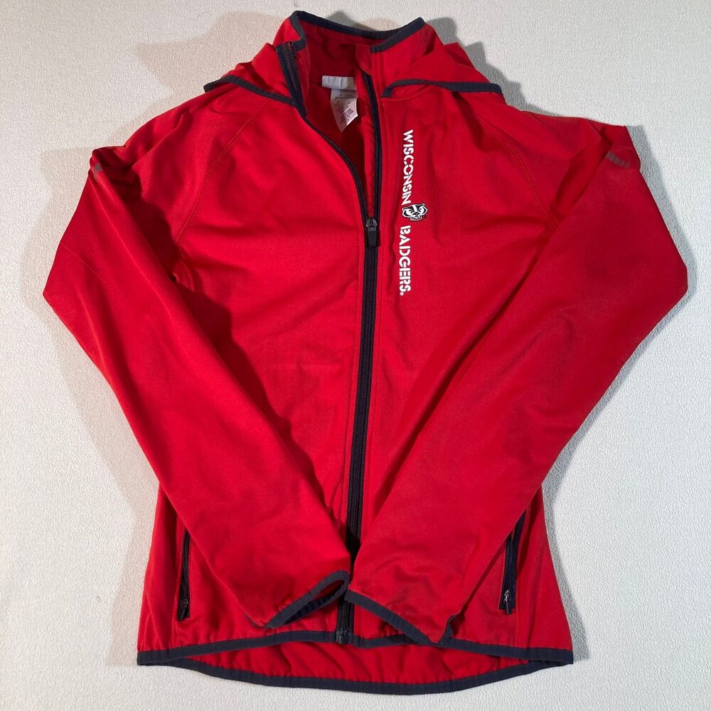 Wisconsin Badgers Sweatshirt Sz Med Red Full Zip Hood Thumb Holes Arm Reflectors
